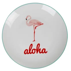 Assiette plate ronde blanche flamant rose aloha|Gifi Hot