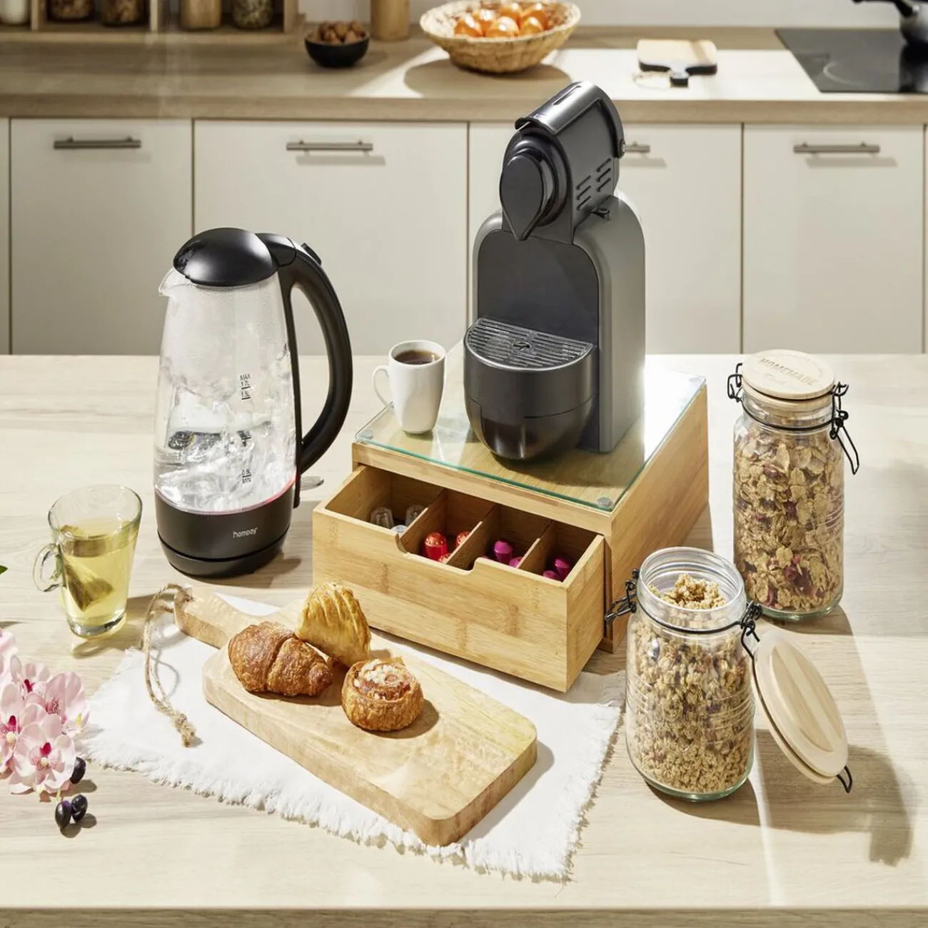 Discount Boîte tiroir à dosettes en bambou et verre Rangement De Cuisine