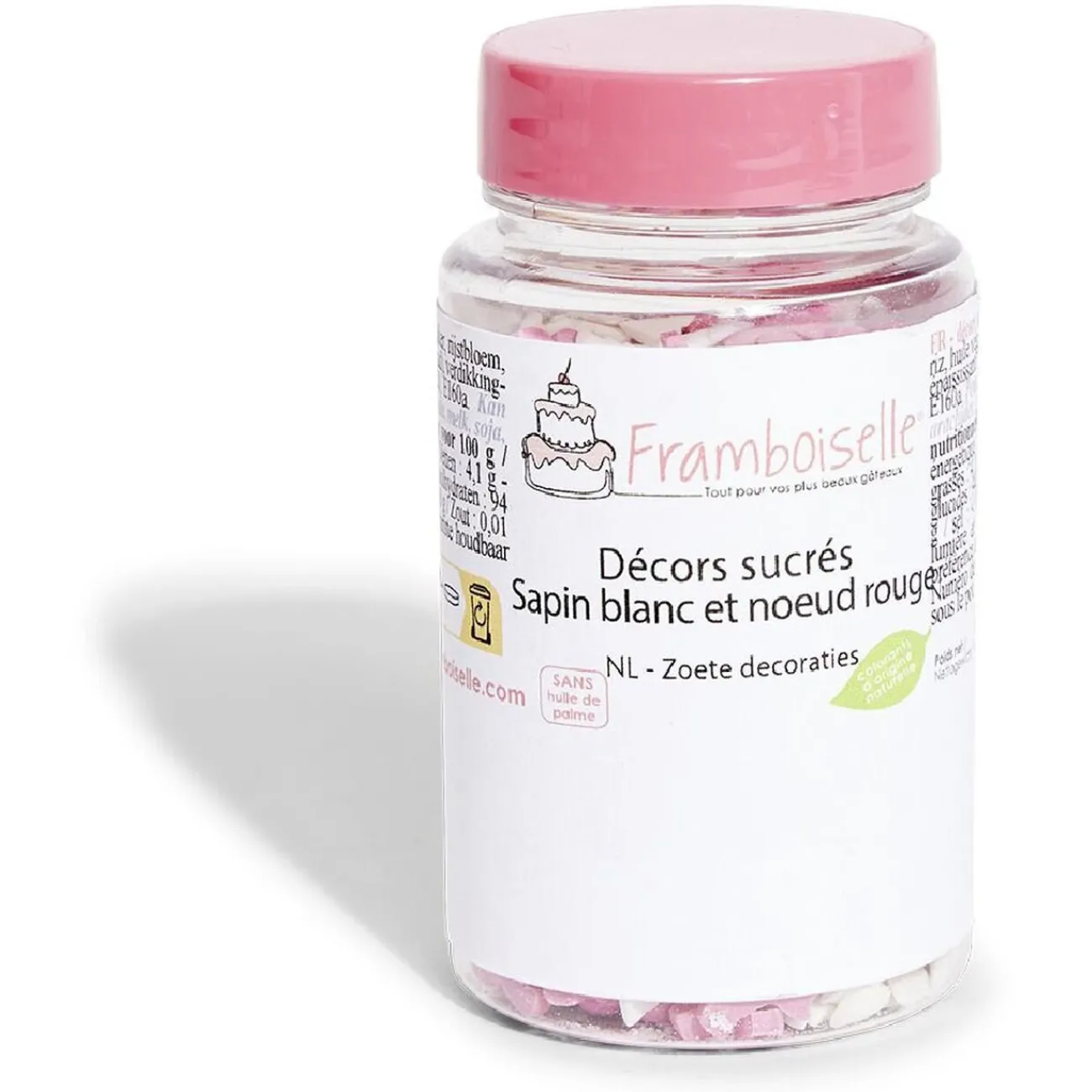 New Décor sucré sapin blanc et noeud rouge Framboiselle 50g Préparation Culinaire