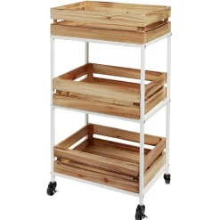 Discount Desserte à roulette en bois design cagette naturel 3 niveaux Rangement De Cuisine