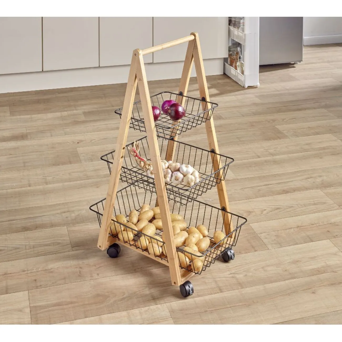 Desserte bambou panier métal 3 niveaux 54,5x36,5xH85 cm Rangement De Cuisine