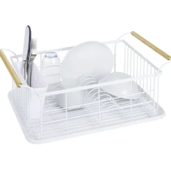 Egouttoir à vaisselle en métal blanc avec poignée en bambou Rangement De Cuisine
