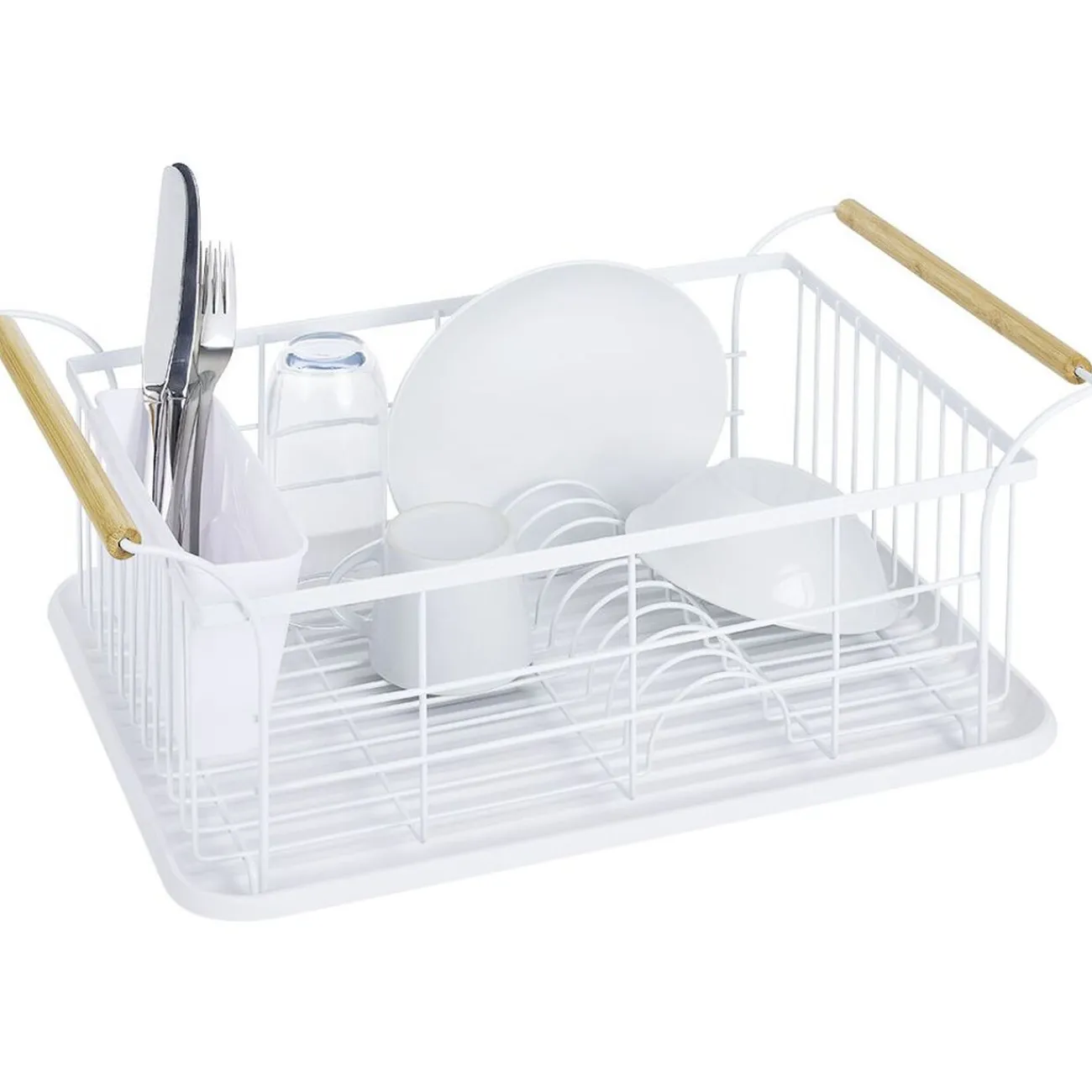 Egouttoir à vaisselle en métal blanc avec poignée en bambou Rangement De Cuisine