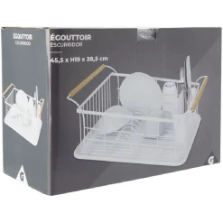 Egouttoir à vaisselle en métal blanc avec poignée en bambou Rangement De Cuisine