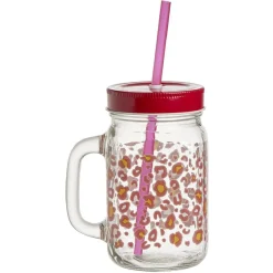 Best Gobelet en verre imprimé avec poignée paille et couvercle 480ml Vaisselle Et Accessoires De Table