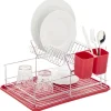 Clearance Égouttoir à 2 niveaux avec receveur et supports à couverts rouge Rangement De Cuisine
