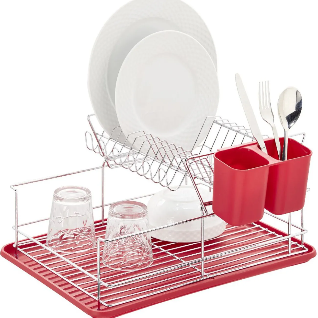 Clearance Égouttoir à 2 niveaux avec receveur et supports à couverts rouge Rangement De Cuisine