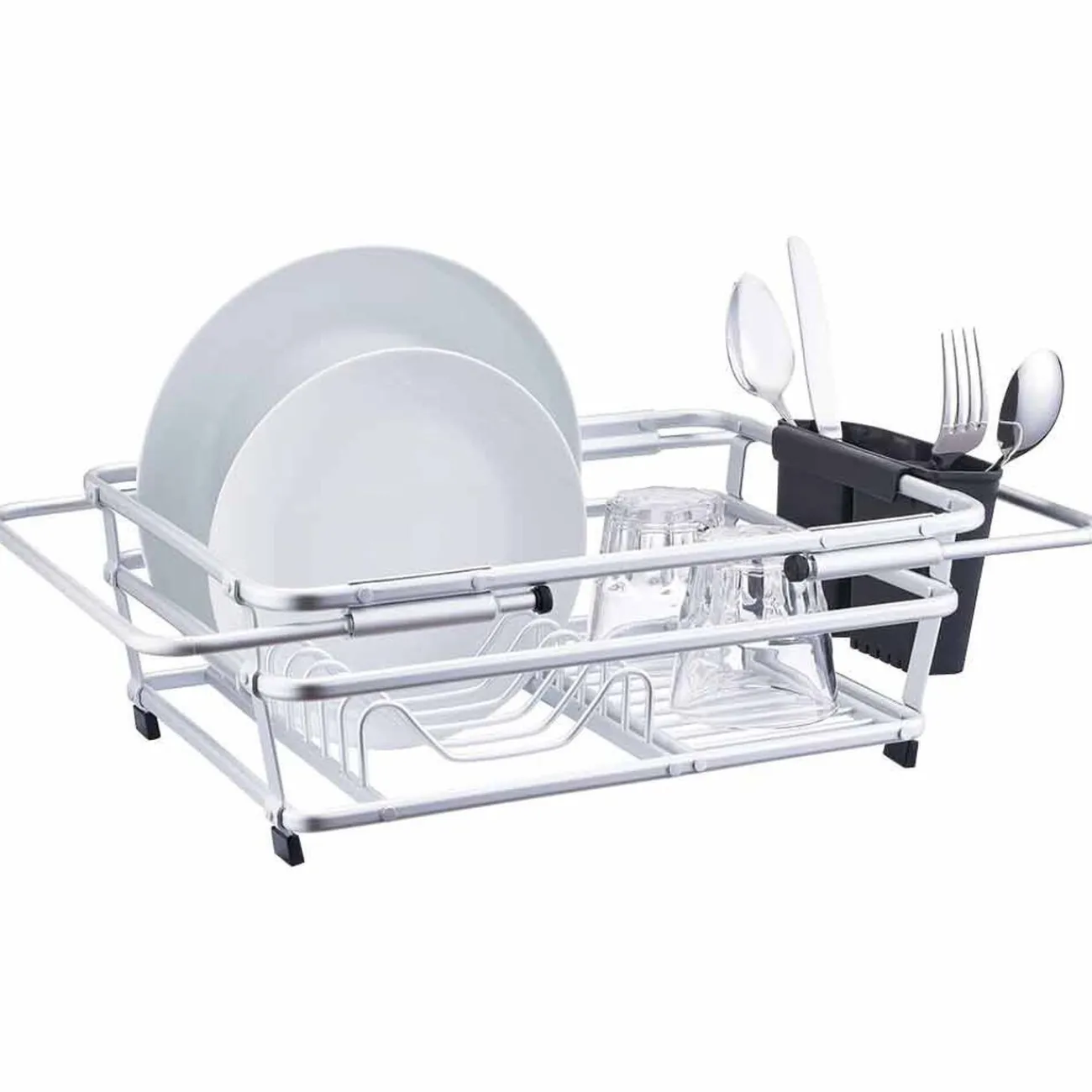 Clearance Égouttoir à vaisselle extensible aluminium avec porte-couverts noir Rangement De Cuisine