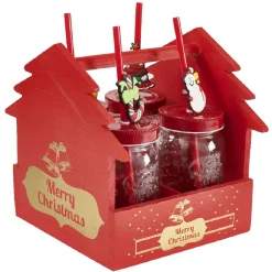 Panier rouge Merry Christmas avec gobelets Noël pailles x4|Gifi Discount