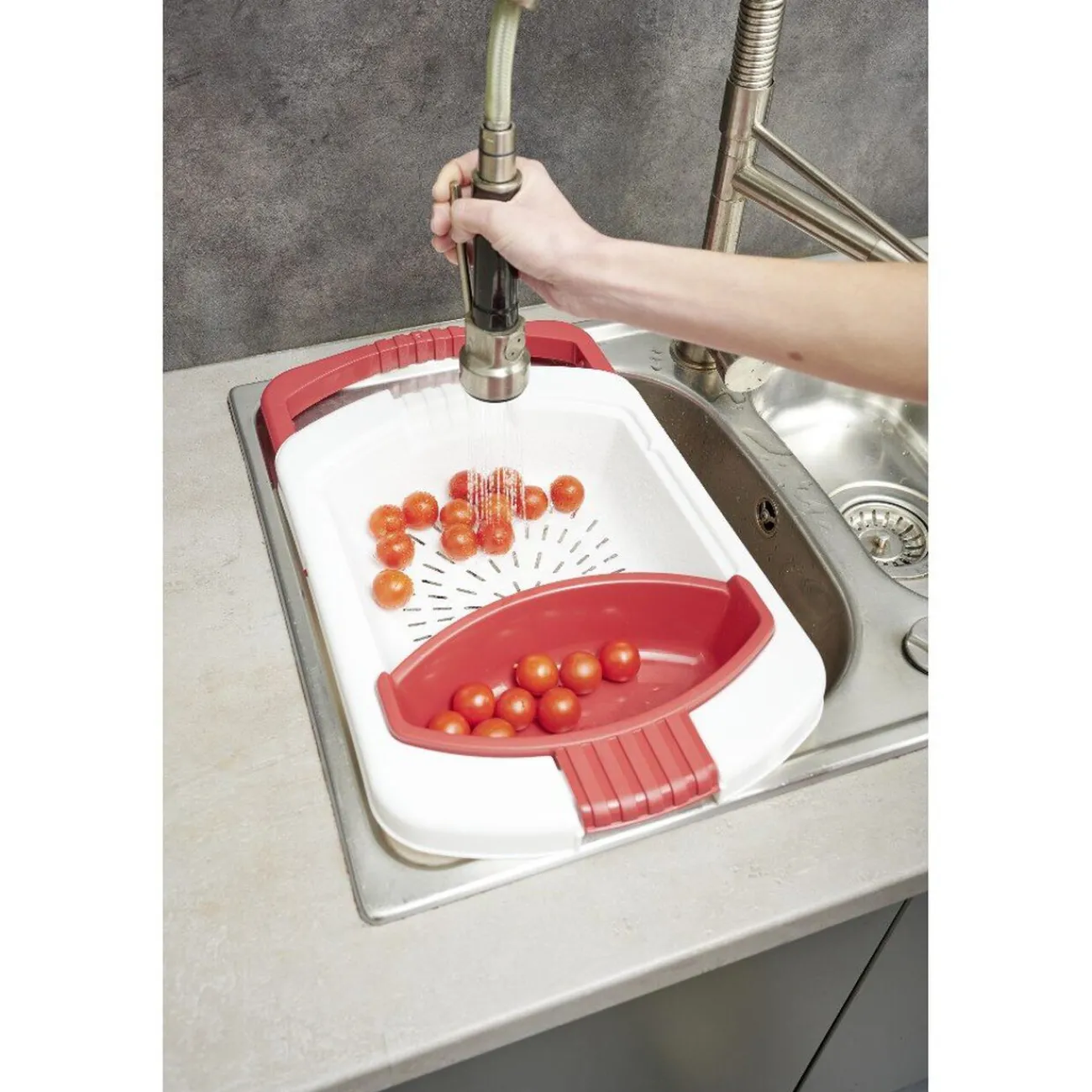 Discount Passoire 2 en 1 planche à découper amovible rouge et blanche Préparation Culinaire