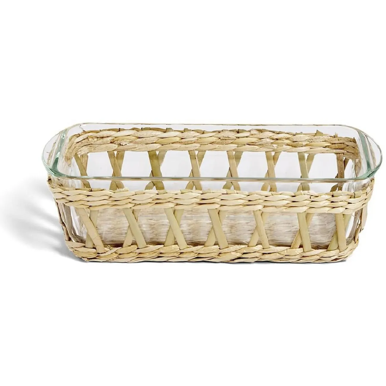Outlet Plat à four en verre transparent et déco raphia beige 28x11,5xH8,5cm Cuisson