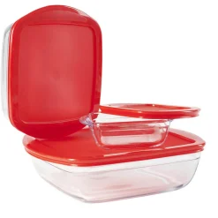 Hot Plat en verre transparent Ôcuisine avec couvercle rouge x3 Cuisson