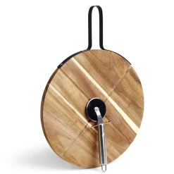 New Plateau à pizza en bois avec roulette en acier Préparation Culinaire