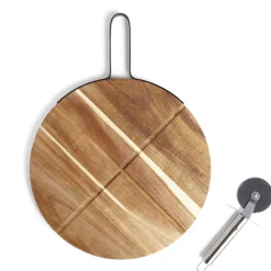 New Plateau à pizza en bois avec roulette en acier Préparation Culinaire