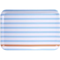 Plateau rectangulaire rayé bleu blanc liseré orange plastique 45x31cm|Gifi New