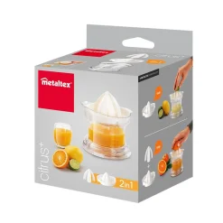 Hot Presse agrumes Metaltex transparent couvercle blanc 2 cônes Préparation Culinaire