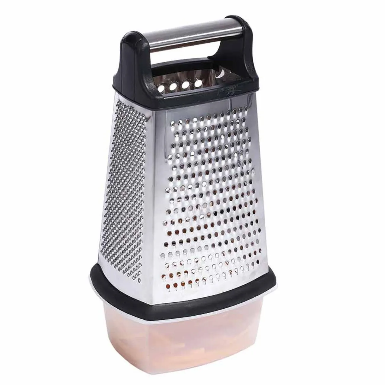Râpe inox 4 faces avec récipient noir gris Préparation Culinaire