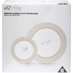 Service à vaisselle design campagne poule 12 pièces gris blanc rouge|Gifi New