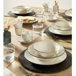 Service à vaisselle porcelaine blanc liseré noir 36 pièces|Gifi Outlet