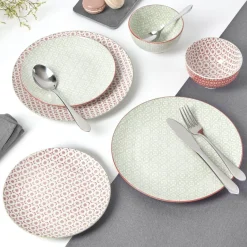 Service en porcelaine 18 pièces motif graphique beige et rouge|Gifi Outlet