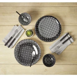 Service vaisselle en porcelaine 18 pièces motif graphique noir et blanc|Gifi New