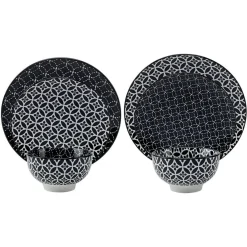 Service vaisselle en porcelaine 18 pièces motif graphique noir et blanc|Gifi New