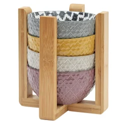 Sale Set 4 bols décor ethnique noir et blanc et support en bambou Vaisselle Et Accessoires De Table
