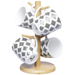 Online Set 4 mugs décor arabesque noir et blanc et support en bambou Vaisselle Et Accessoires De Table