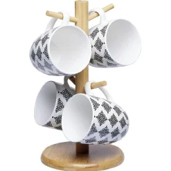 Online Set 4 mugs décor arabesque noir et blanc et support en bambou Vaisselle Et Accessoires De Table