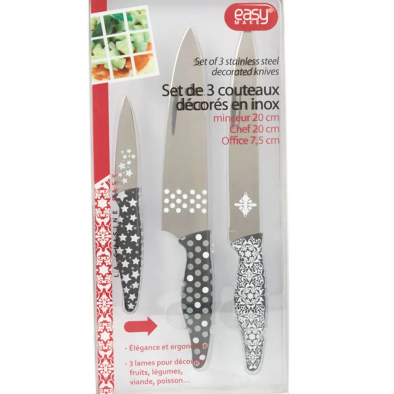 Outlet Set de 3 couteaux décorés Préparation Culinaire
