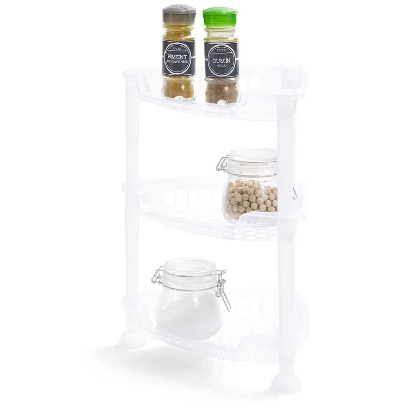 Étagère d'angle à poser 3 niveaux plastique transparent 28x20xH.33,5cm Rangement De Cuisine