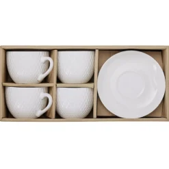 Tasse embossée avec sous-tasse faïence blanc x4|Gifi Hot