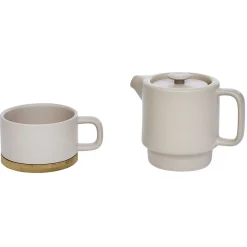 Tisanière 40cl et tasse 25cl grès taupe avec support bambou|Gifi Discount