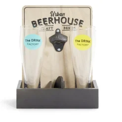 Verres à bière 50cl x2 avec support décapsuleur et 2 sous verres|Gifi Discount